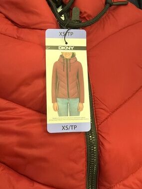 DKNY Red Quilted Hooded Puffer Jacket